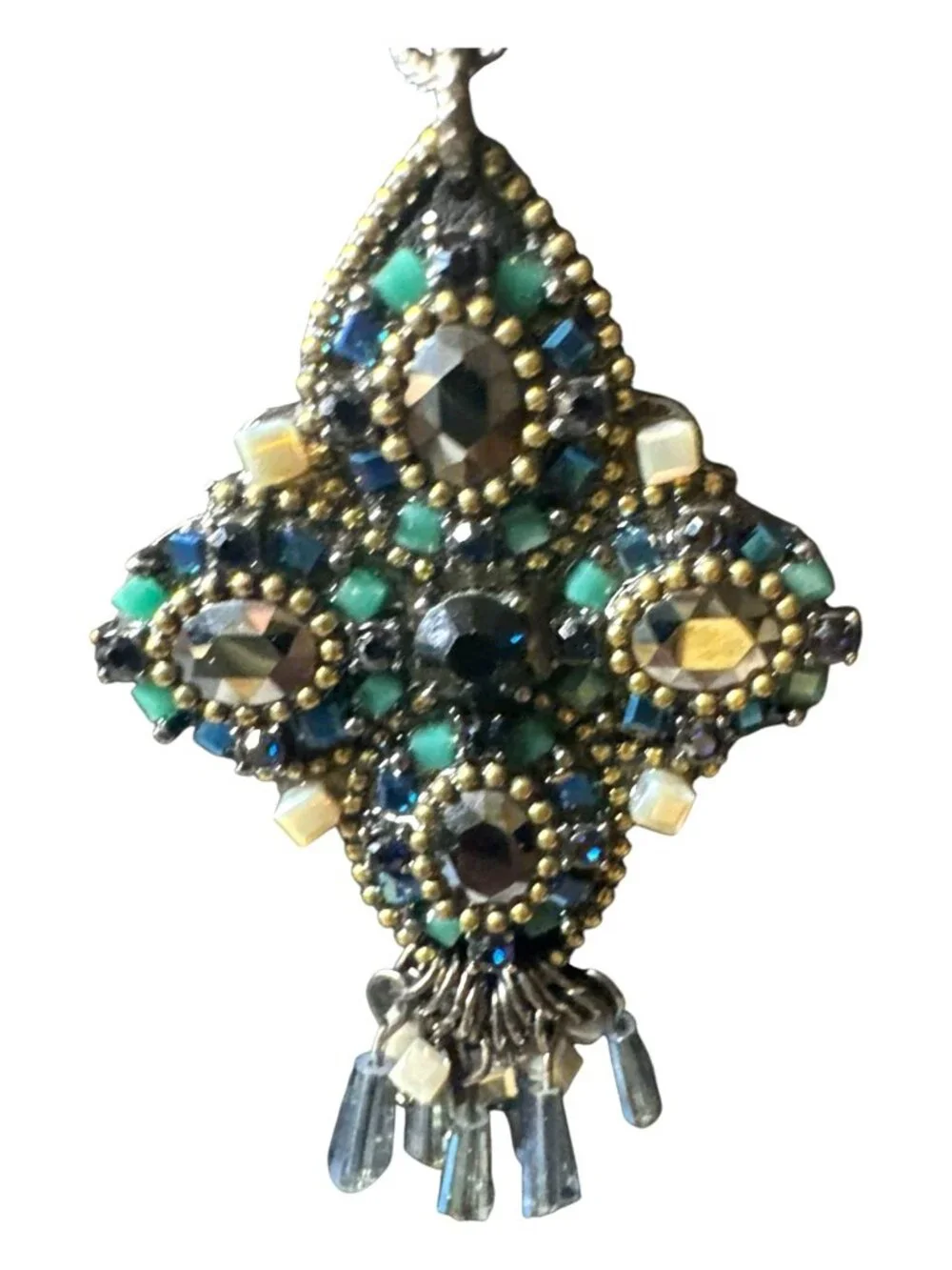 Vintage-Inspired Silver Necklace With Ornate Blue & Green Crystal Pendant